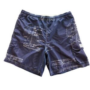 Chaps Swim Trunks Mens Large Nautical Board Shorts Swimsuit Navy White Pockets